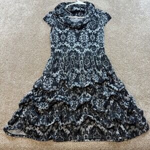 Speckless Womens M Black Dress Grey Damask Ikat Cowl Neck Tiered Party Ruffled